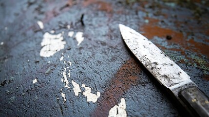 Poster - CloseUp of a Weathered Knife Resting on a Rusty Surface : Generative AI