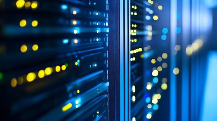 Fototapete - State of the art server room with neon lights highlighting the modern computer servers and data storage : Generative AI