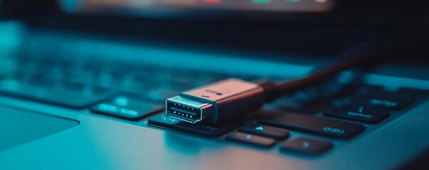 Fototapete - Displayport cable is lying on a laptop keyboard, glowing in blue light