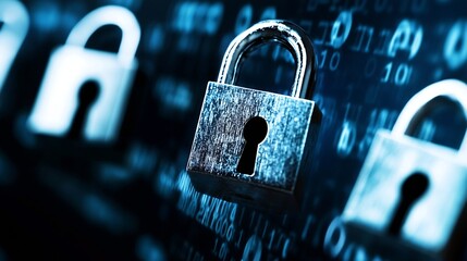 Leinwandbilder - Close up of steel padlocks against a blue digital background representing security and protection of data : Generative AI