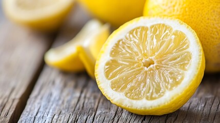 Aufkleber - Freshly Cut Lemon Halves on Wooden Surface with Natural Light Highlighting Juiciness : Generative AI