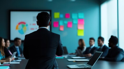 Poster - Man in a suit standing confidently at a modern conference table in a professional setting