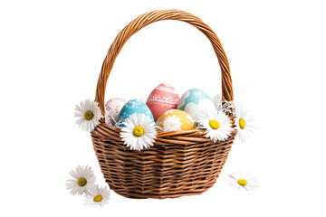 Wall Mural - Easter basket with decorative eggs and white daisies isolated on white or transparent, PNG