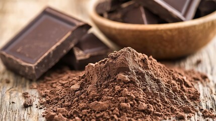 Aufkleber - Mouthwatering assortment of dark chocolate pieces and cocoa powder on a wooden surface ideal for baking and dessert making : Generative AI