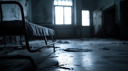 Aufkleber - Abandoned hospital room showcasing decay and neglect with a lonely bed and eerie atmosphere : Generative AI