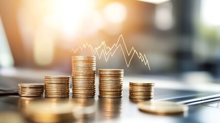 Poster - Stack of golden coins representing financial growth with a dynamic graph background in soft focus : Generative AI