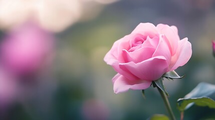 Canvas Print - Beautiful closeup image of a pink rose blooming in a soft natural light for floral elegance : Generative AI