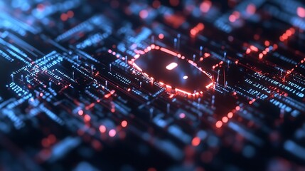 Fototapete - Futuristic glowing circuit board with vibrant blue and red lights representing advanced technology : Generative AI
