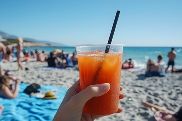 Wall Mural - A hand holding up an ice-cold tomato juice in a plastic cup with a black straw, on the beach
