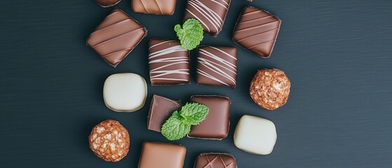 Wall Mural - Assorted chocolates, mint leaves, dark background