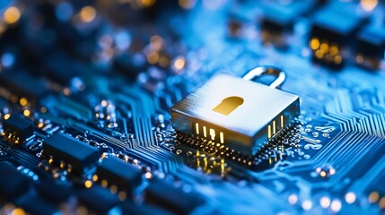 Leinwandbilder - Close up of a security padlock on a circuit board symbolizing technology and data protection themes : Generative AI