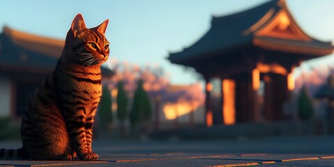 Poster - Bengal cat sunset temple garden peace