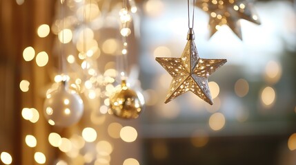 Aufkleber - Glowing decorative star and ornaments hanging with soft bokeh lights creating a festive atmosphere : Generative AI