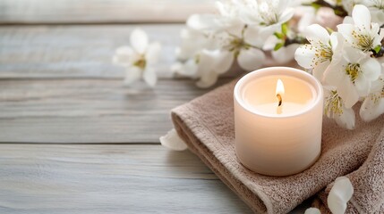 Poster - Serene candle glowing with soft light surrounded by delicate cherry blossoms on wooden surface : Generative AI