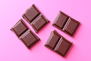 Wall Mural - Broken chocolate bars pink background food photography