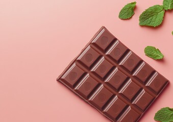 Wall Mural - Chocolate bar, mint leaves, pink background, food photography, recipe