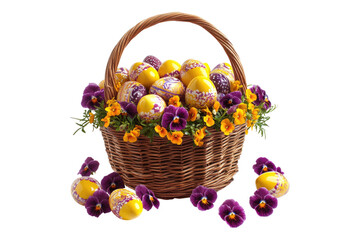 Wall Mural - Easter basket with colorful painted eggs and purple pansy flowers isolated on white or transparent, PNG