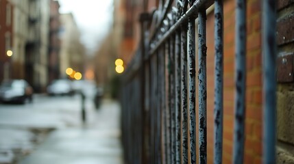 Aufkleber - Urban scene featuring a rustic metal fence and buildings creating a moody atmosphere on a rainy day : Generative AI