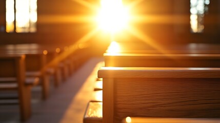Aufkleber - Golden sunbeams streaming through a church window illuminating wooden pews in the sanctuary : Generative AI