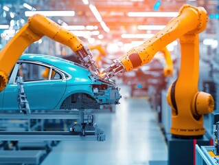 Leinwandbilder - Robots assembling a vehicle on a production line in an industrial factory setting
