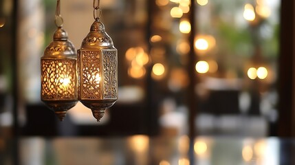 Poster - Beautiful Decorative Lanterns Hanging in an Elegant Setting with Soft Warm Lighting : Generative AI