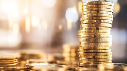 Aufkleber - Stacked golden coins reflecting light representing wealth and financial growth in modern society : Generative AI