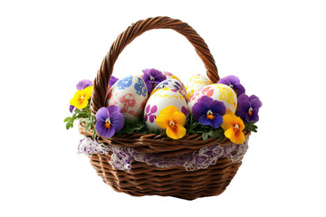 Wall Mural - Easter basket with colorful painted eggs and purple pansy flowers isolated on white or transparent, PNG