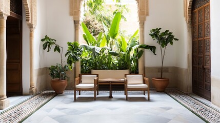 Poster - Serene indoor garden with comfortable seating surrounded by lush greenery and natural light : Generative AI