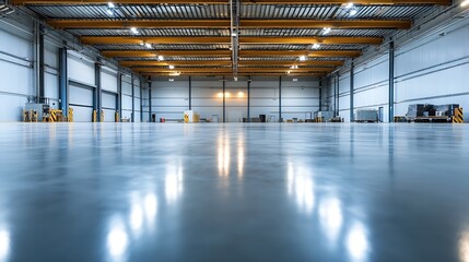 Fototapete - Spacious and well lit empty warehouse interior with reflective floor and high ceiling : Generative AI