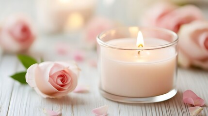 Aufkleber - Delicate pink roses and a glowing candle create a serene and romantic ambiance for relaxation : Generative AI