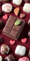 Wall Mural - Dark Chocolate Bar with Mint, Assorted Chocolates, Burgundy Background