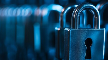 Leinwandbilder - Close up of multiple padlocks on metal chains representing security and data privacy : Generative AI