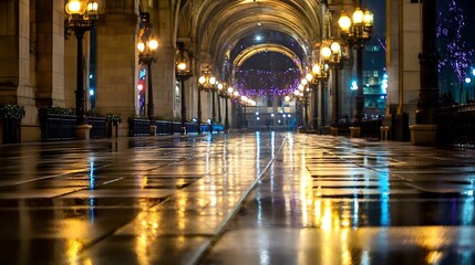 Aufkleber - Rainsoaked city street at night illuminated by street lamps creating a magical nighttime ambiance : Generative AI