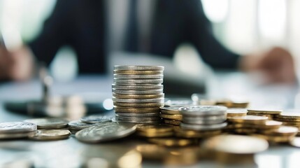Leinwandbilder - CloseUp of Stacked Coins on a Desk with a Blurred Businessman in the Background Indicating Wealth : Generative AI