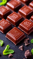 Wall Mural - Dark Chocolate Squares, Mint, Background, Food Photography