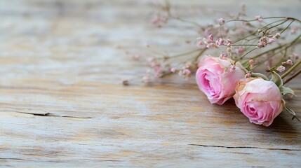 Poster - Delicate pink roses and small flowers arranged beautifully on a rustic wooden surface : Generative AI