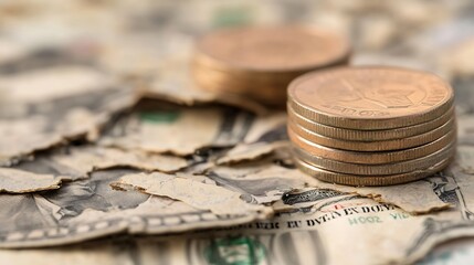 Poster - Close Up Detailed View of Weathered Currency Notes and Coins Representing Money Concept : Generative AI