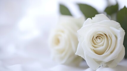 Poster - Beautiful close up of two elegant white roses with delicate petals on a soft background : Generative AI