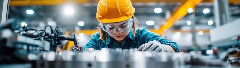 Poster - Woman wearing hard hat and goggles operating machinery in industrial work environment