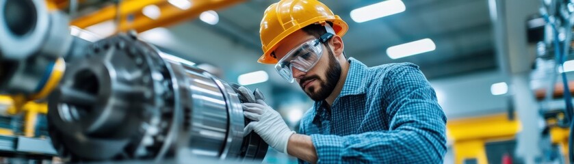 Poster - Man in hard hat and safety glasses operating machinery in an industrial workshop setting