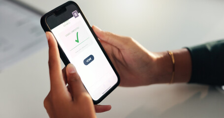 Aufkleber - Phone, screen or hands with online order confirmation for promo shopping, user experience or transaction approval. Ecommerce, person or smartphone for successful purchase, banking payment or checkout