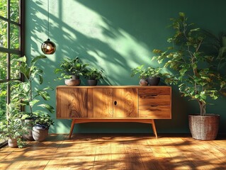 Wall Mural - Minimalist Scandinavian Interior with Wooden Sideboard Plants and Soft Green Wall