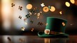 © Krittika - A festive green leprechaun hat sits on a table, surrounded by floating shamrocks and sparkling lights, celebrating St. Patrick's Day.