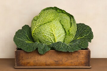 Canvas Print - Fresh Savoy Cabbage Wooden Box Still Life