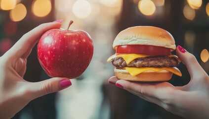 A person holding an apple in one hand and a cheeseburger in the other, symbolizing a food choice.