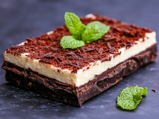 Wall Mural - Gourmet chocolate dessert, mint garnish, dark background, food photography, recipe