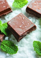 Wall Mural - Gourmet chocolate squares, coconut, mint, close-up, food photography