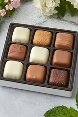 Wall Mural - Gourmet chocolates gift box, flowers, marble