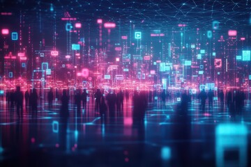 Poster - Aerial view of a city at night with glowing lights and interconnected lines forming a vibrant urban network