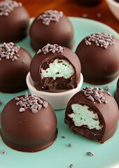 Wall Mural - Mint Chocolate Truffles on Teal Plate